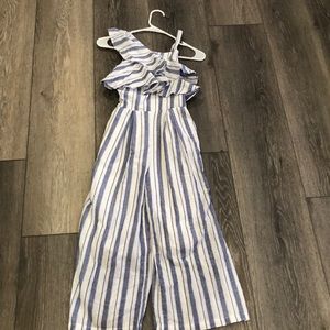 Blue and white striped girls jumpsuit